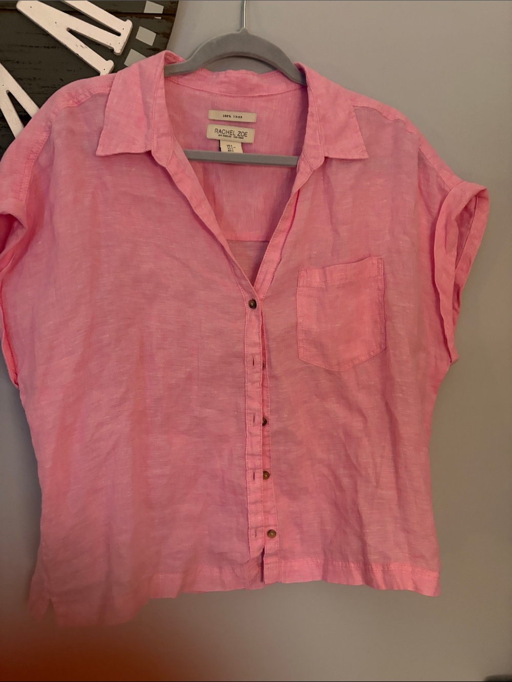 Rachel Zoe Rose Pink Linen Button-Front Short Sleeve Shirt